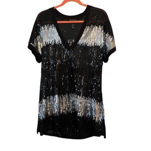 INC International Concepts V-neck Shirt Top Sparkly Semi-sheer L Holiday Party